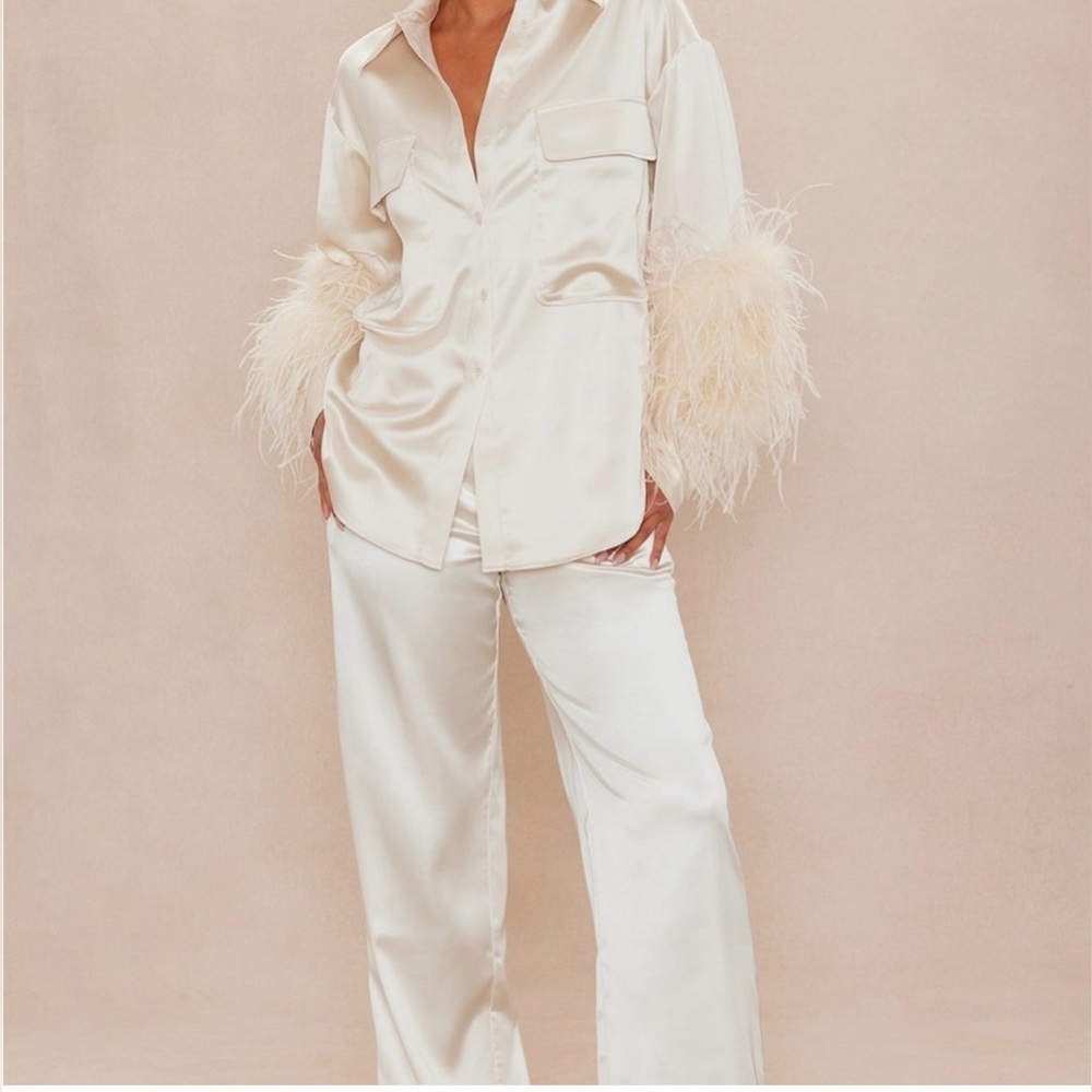 Fashion Nova Luxe line Chic Cream Satin Feather-Trimmed 2Piece Pant and Top Set